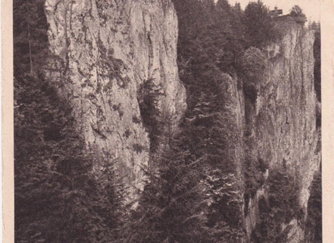 Nezvyklý pohled na hlavní stěny propasti Macochy, pyšně se do výšky tyčící, z jejího lesnatého srázného svahu, avšak po velmi opatrném sestoupení do 30 m hloubky po stráni do propasti (nedatováno)